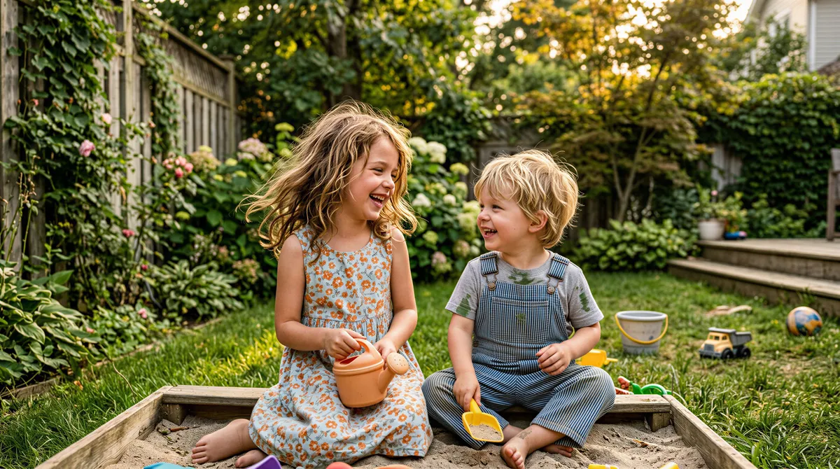 Two siblings posing together in a warm backyard