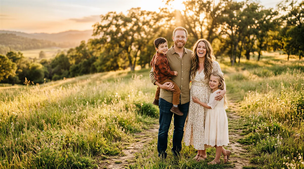 Outdoor family lineup portrait in golden hour