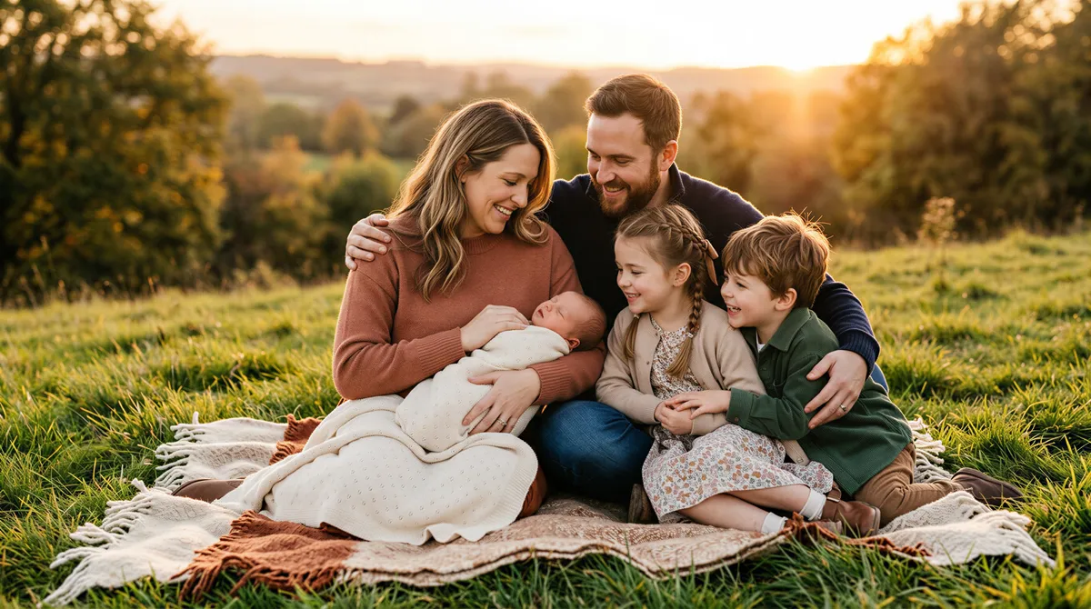 Year-one family portrait with newborn