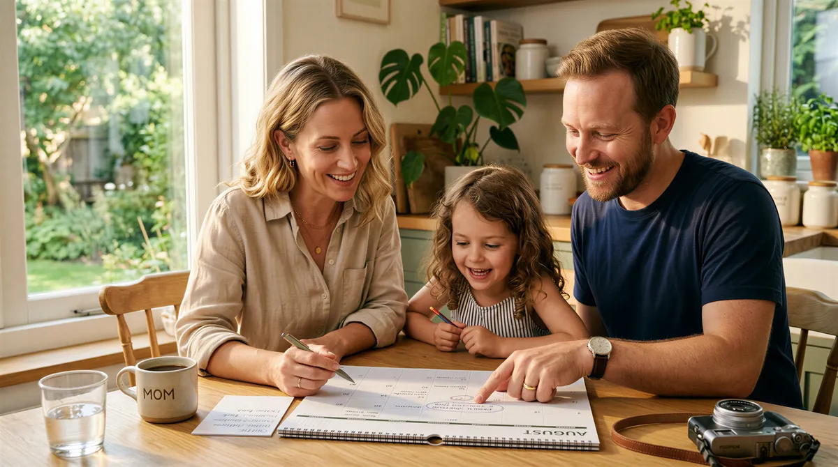 Family portrait planning in August with calendar and sunlit kitchen