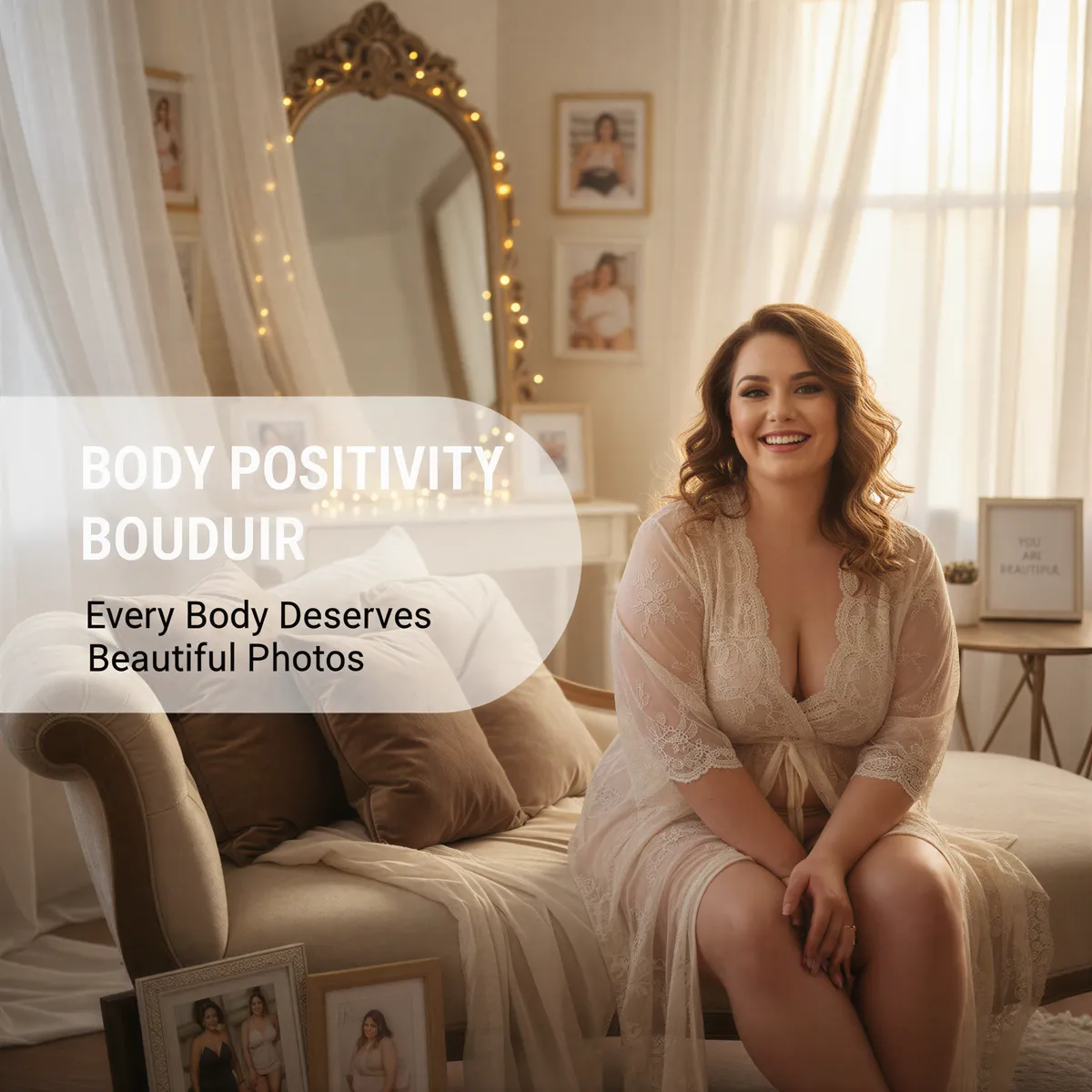 A hyper-realistic, joyful portrait of a confident woman of diverse age and body type in elegant boudoir setting, overlaid with the title.