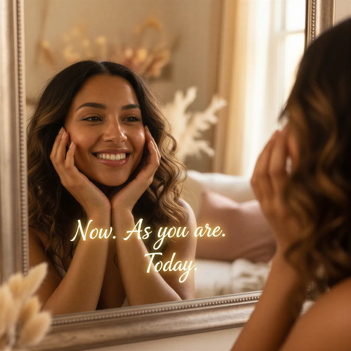 A close-up of a woman smiling genuinely while looking at her reflection, symbolizing self-acceptance now, not later.