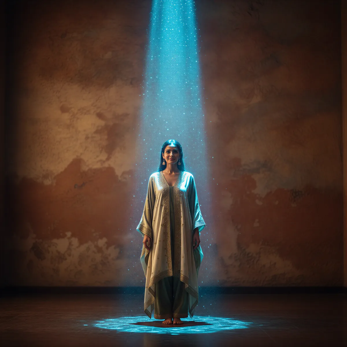 A woman comfortably posing in a private, artistic setting, illuminated by a soft digital glow, symbolizing privacy and control.