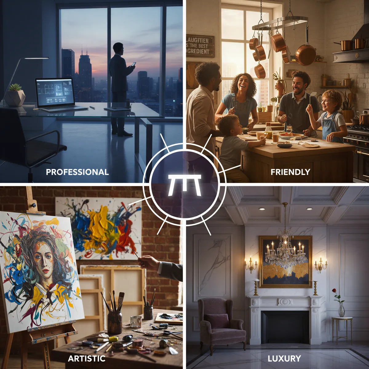 A visual matrix chart showing four different aesthetic moods: Professional, Friendly, Artistic, and Luxury, represented by corresponding imagery.