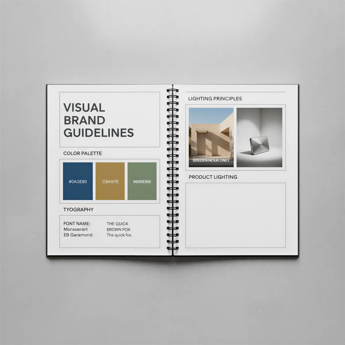 A physical document showcasing brand guidelines with color codes, font names, and lighting rules prominently displayed.