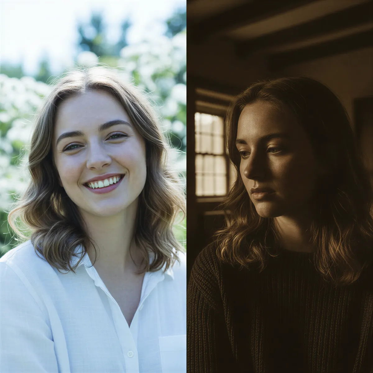 Split screen showing two different lighting styles: bright, airy lighting on the left and dramatic, moody lighting on the right.