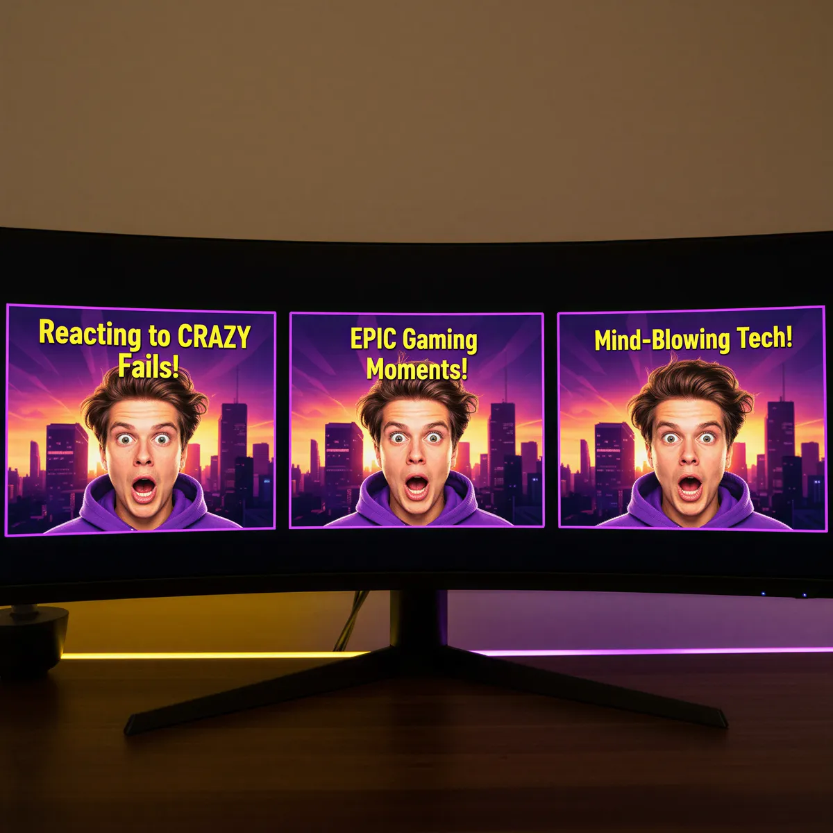 Three YouTube thumbnails side-by-side demonstrating highly consistent visual branding in colors, layout, and creator expression.