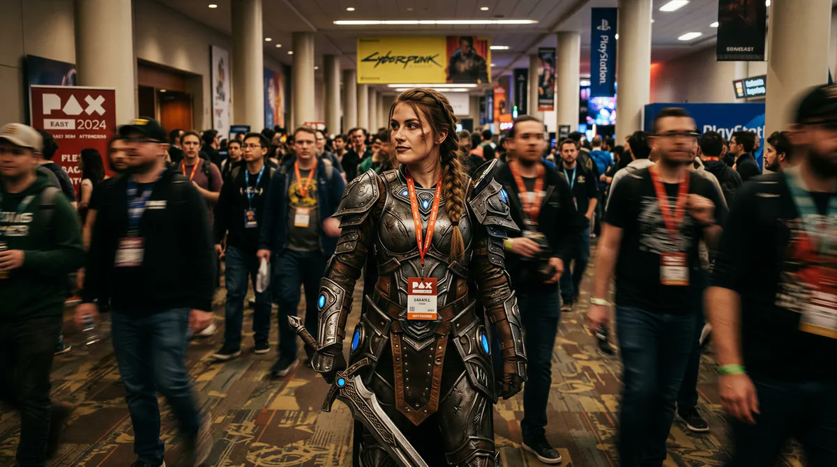 Cosplay photography in a convention hallway with harsh lighting