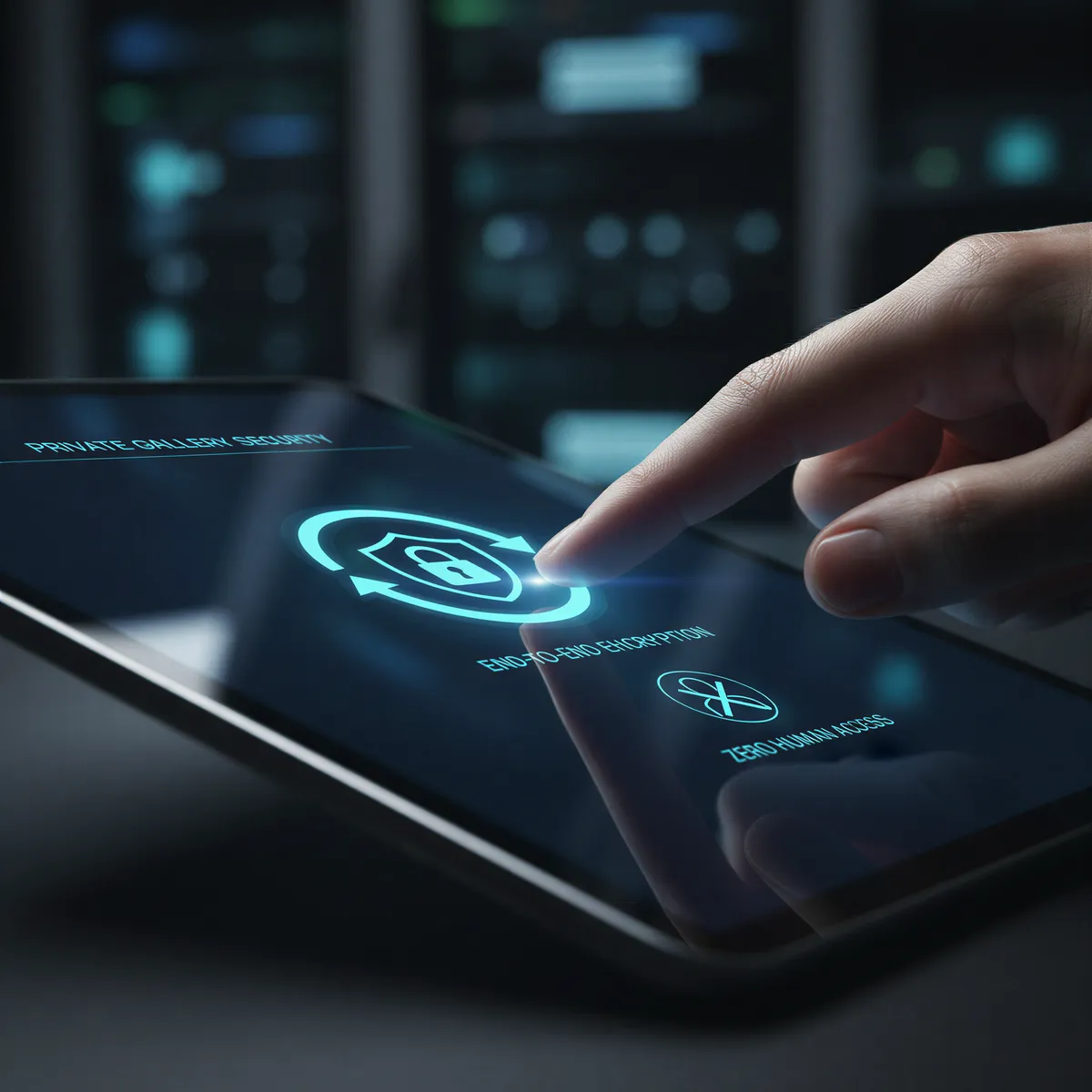 A hand using a secure digital interface displaying icons for encryption and private access, symbolizing the private gallery.