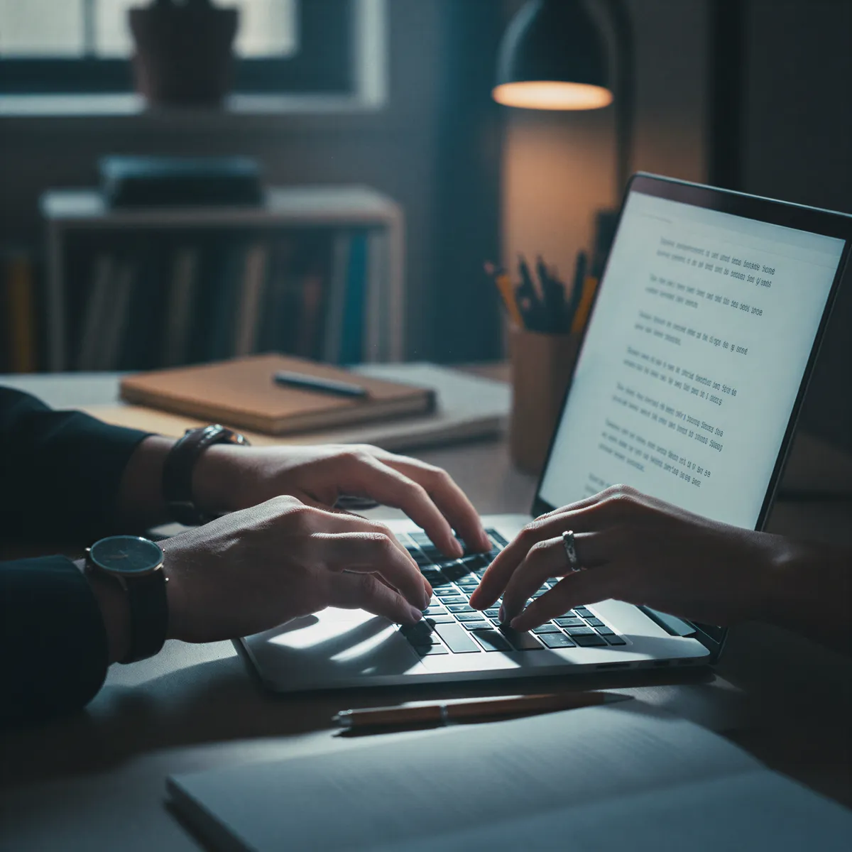 Hands of a couple typing together on a keyboard, crafting descriptive prompts for AI image generation.