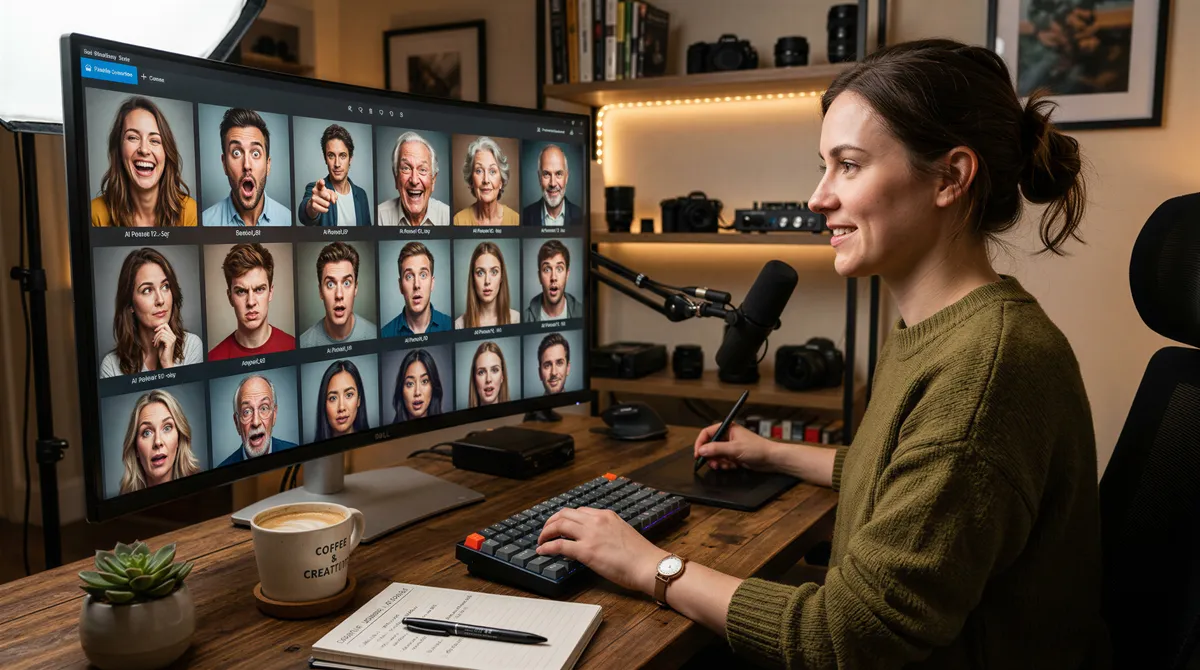 AI-generated thumbnail portraits library on screen