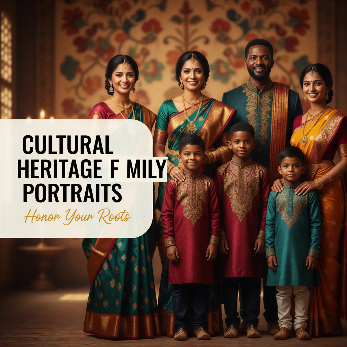 Multi-generational family portrait with cultural elements, could show traditional attire from any culture, showing pride and connection to heritage. Premium, respectful, celebratory.