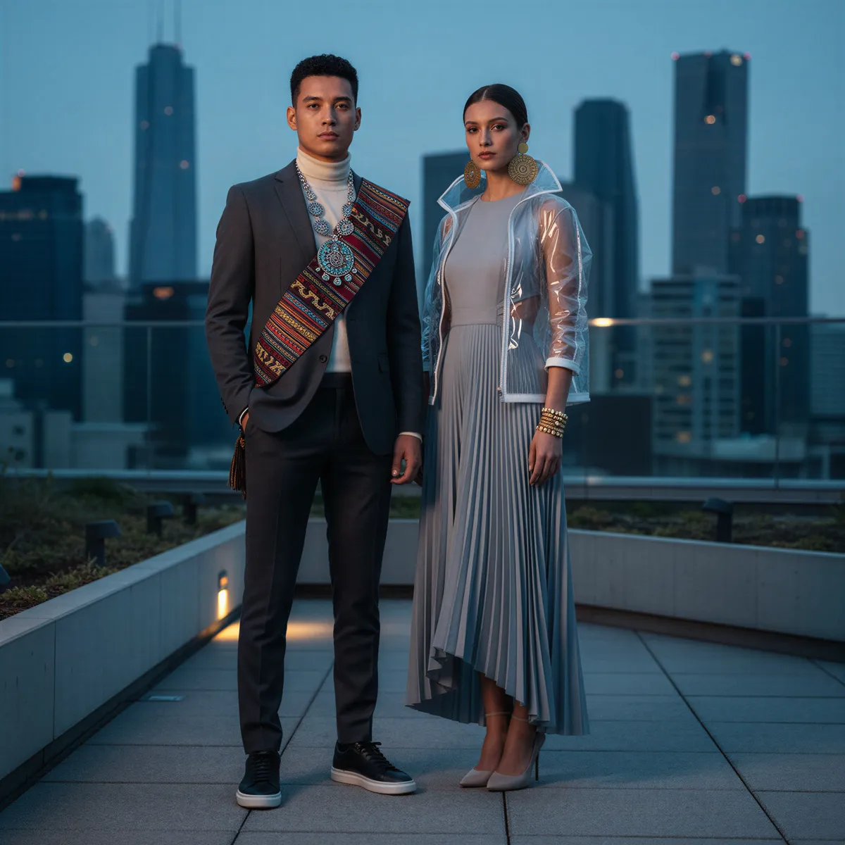 A modern couple incorporating significant cultural accessories into chic, contemporary fashion, representing heritage fusion.