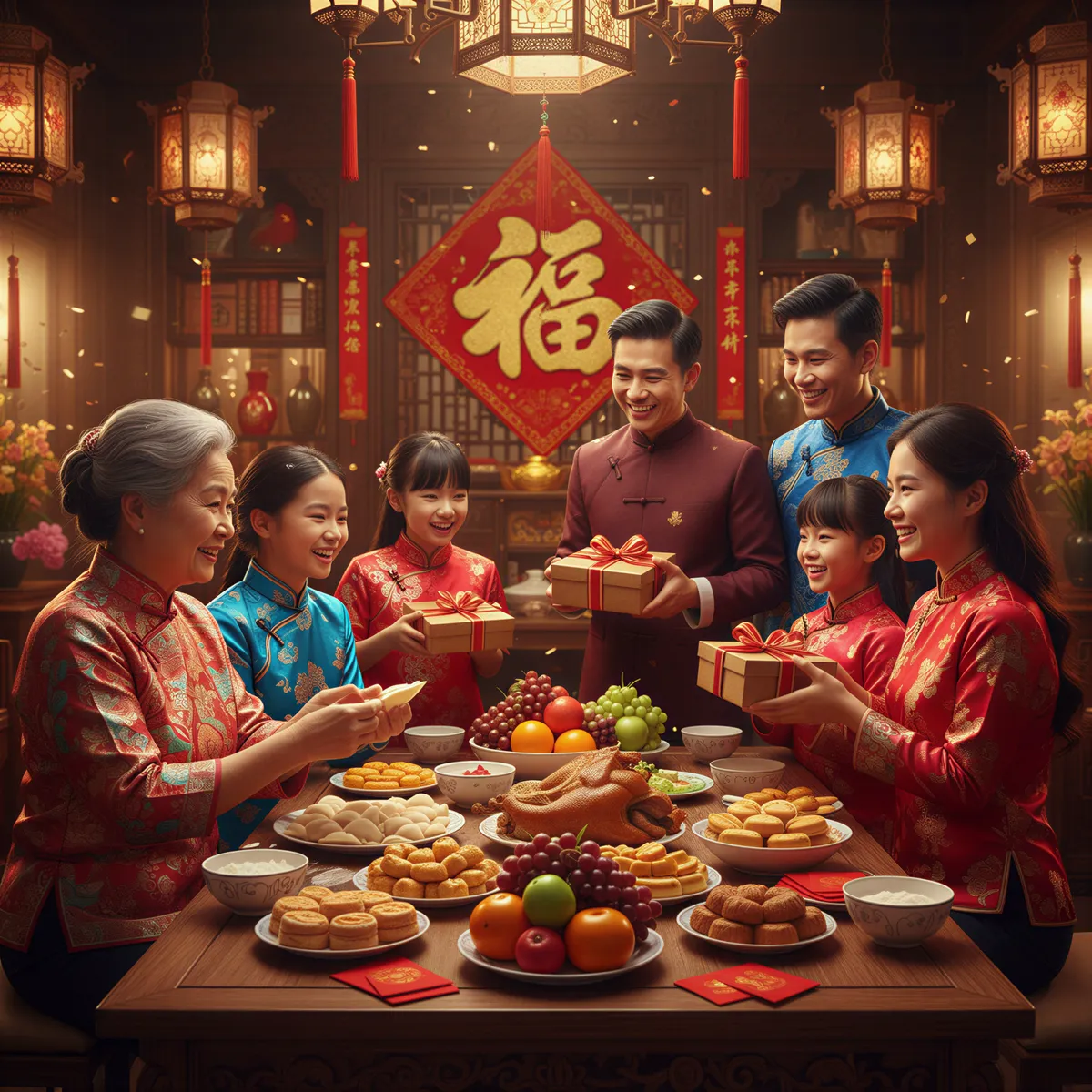 Joyful multi-generational family gathered around a table during a vibrant cultural holiday celebration, genuine festive atmosphere.