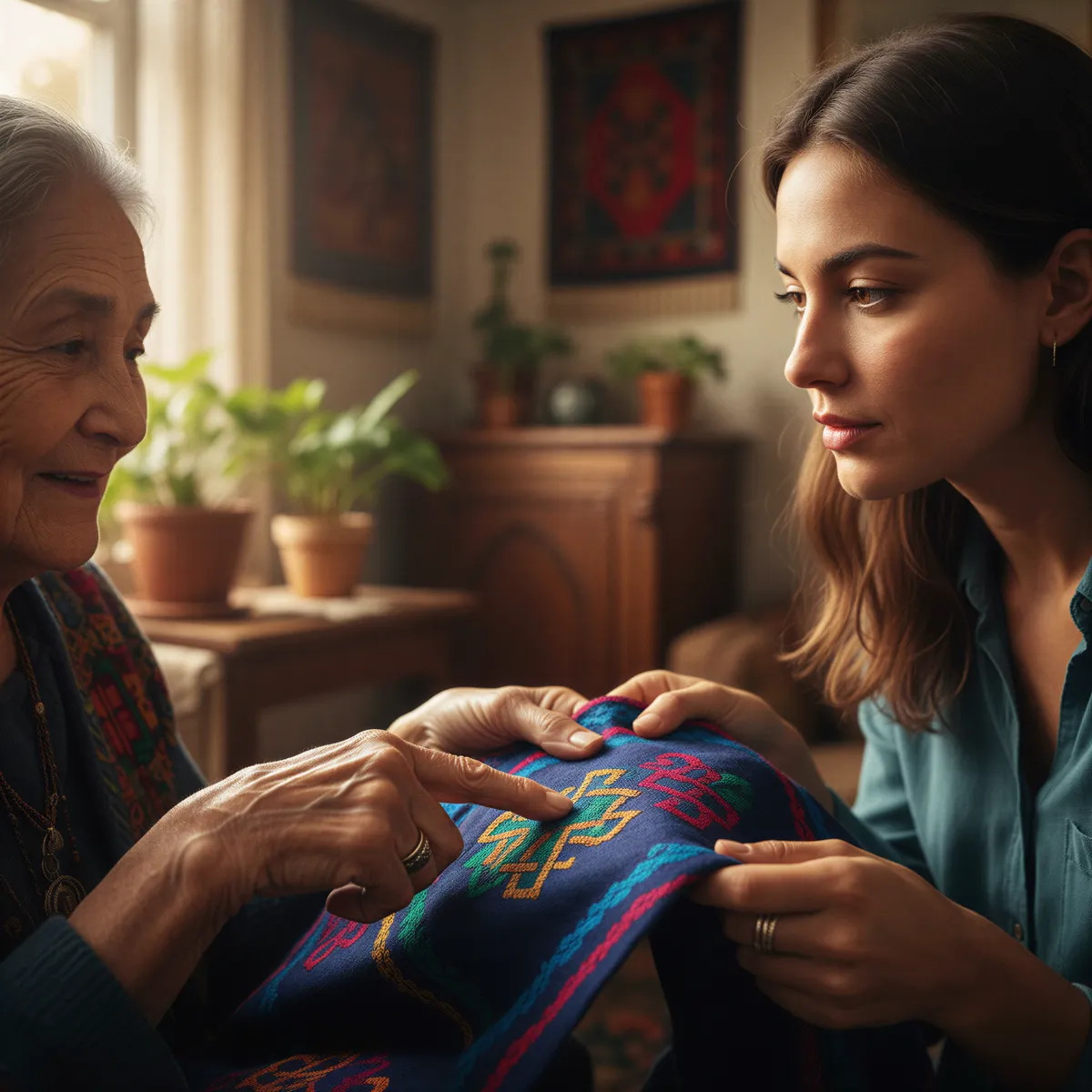 A grandmother lovingly showing a younger family member the intricate details and meaning behind a piece of traditional jewelry.