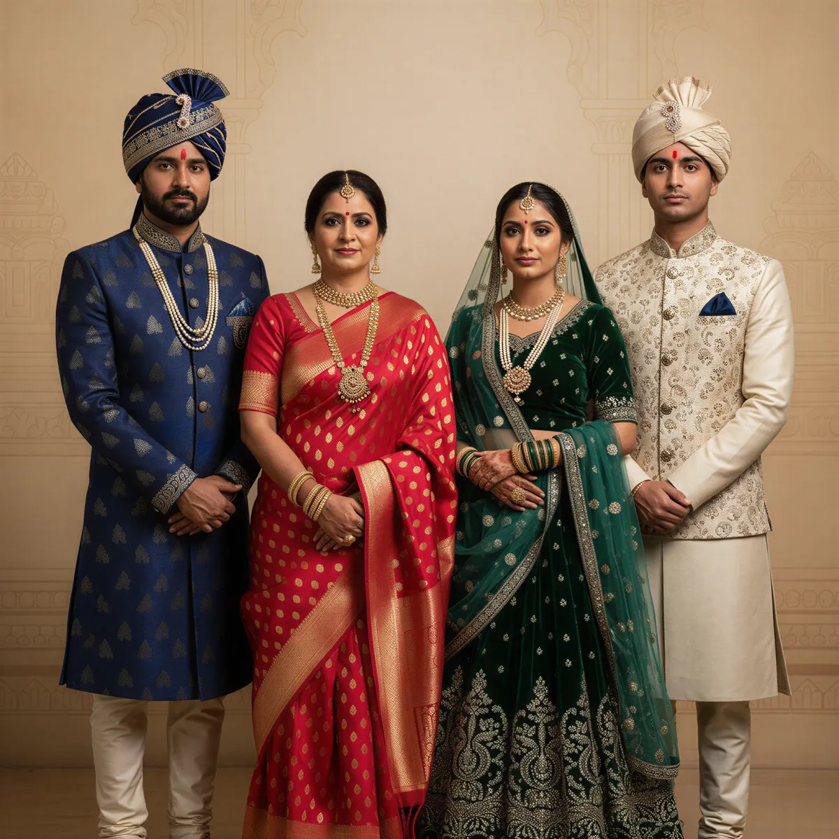 A proud family group showcasing various types of authentic traditional cultural garments and jewelry in a formal setting.