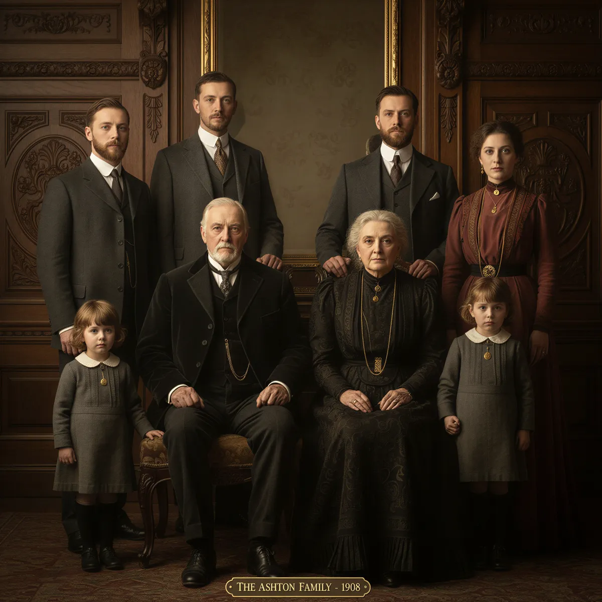 A formal, dignified portrait of ancestors in traditional attire against a subtly textured, historical architectural background.