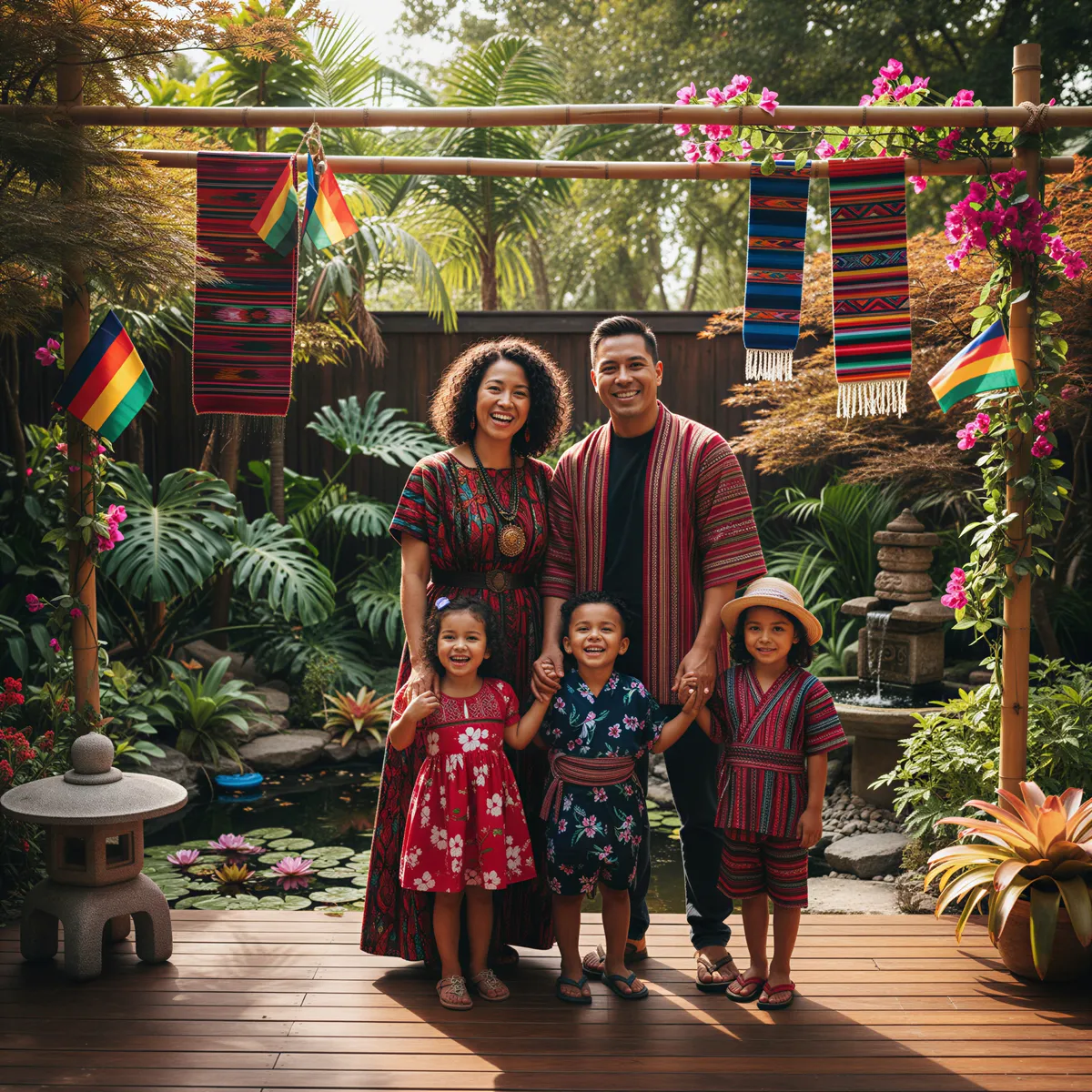 A mixed-heritage family happily posing, subtly incorporating visual elements from two distinct cultural backgrounds into their clothing and setting.