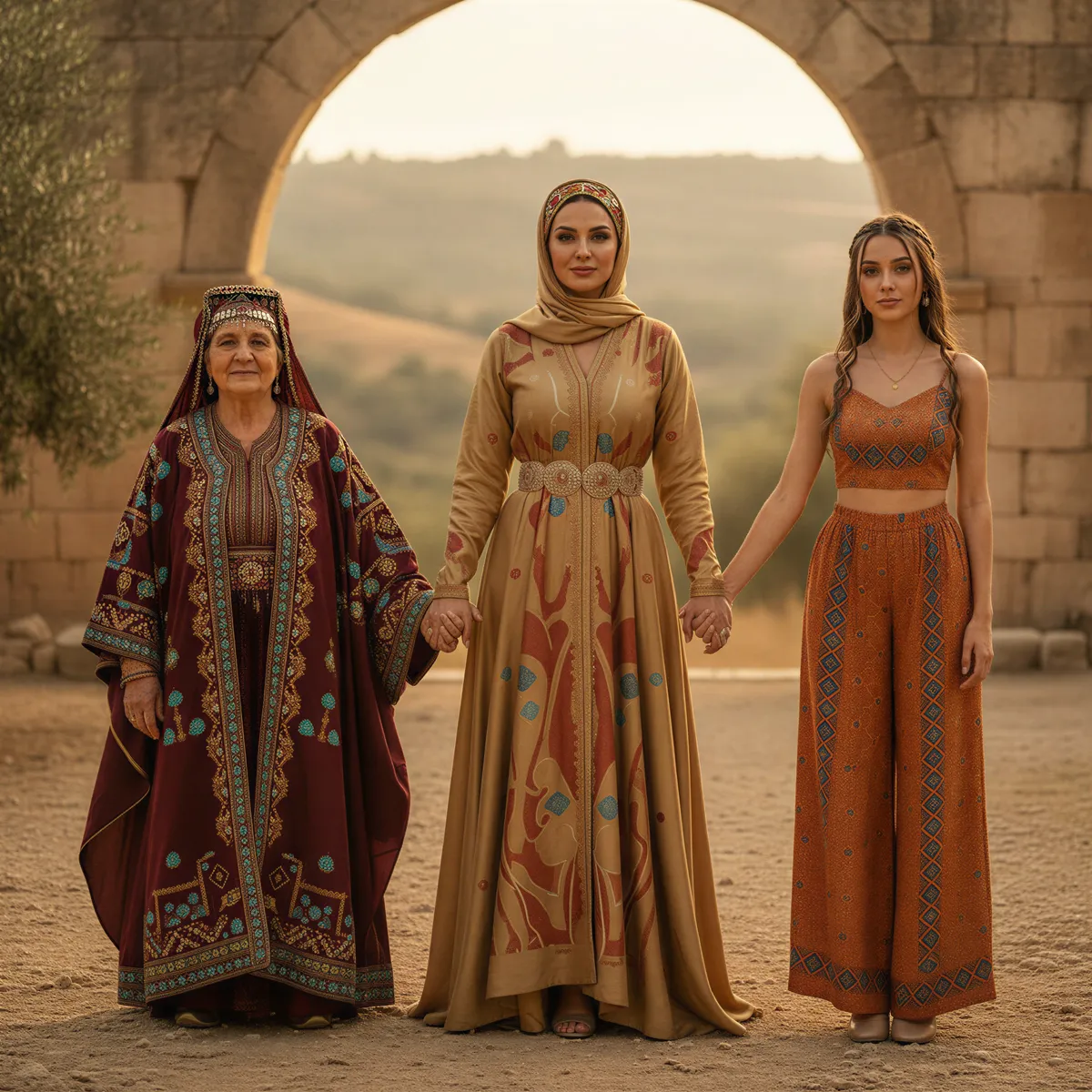 Grandmother, mother, and daughter posing together, visually linking traditional wear across three distinct generations.