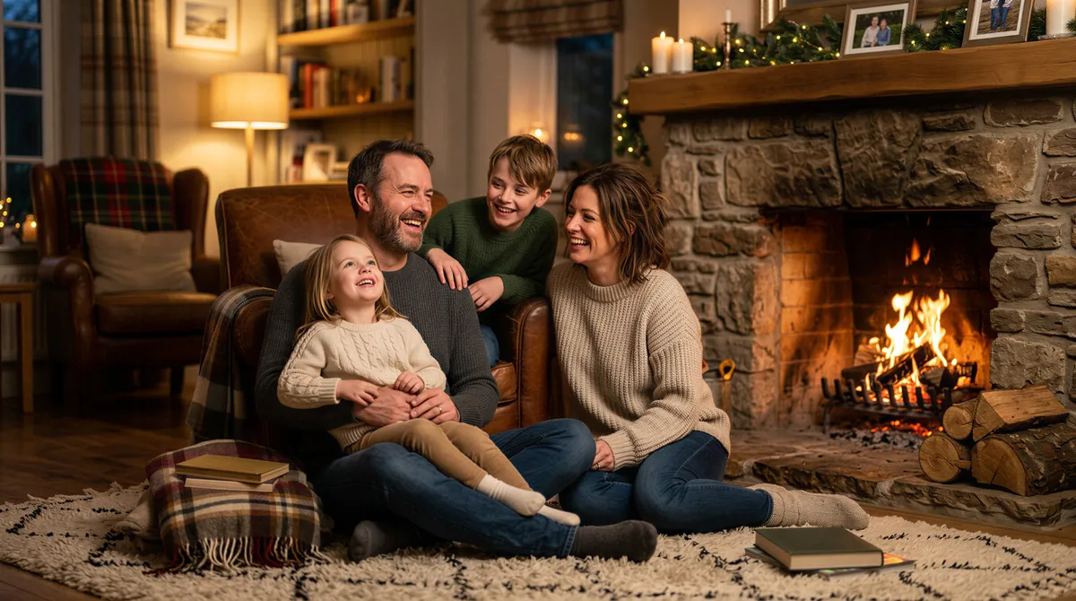 Cozy indoor portrait by the fireplace