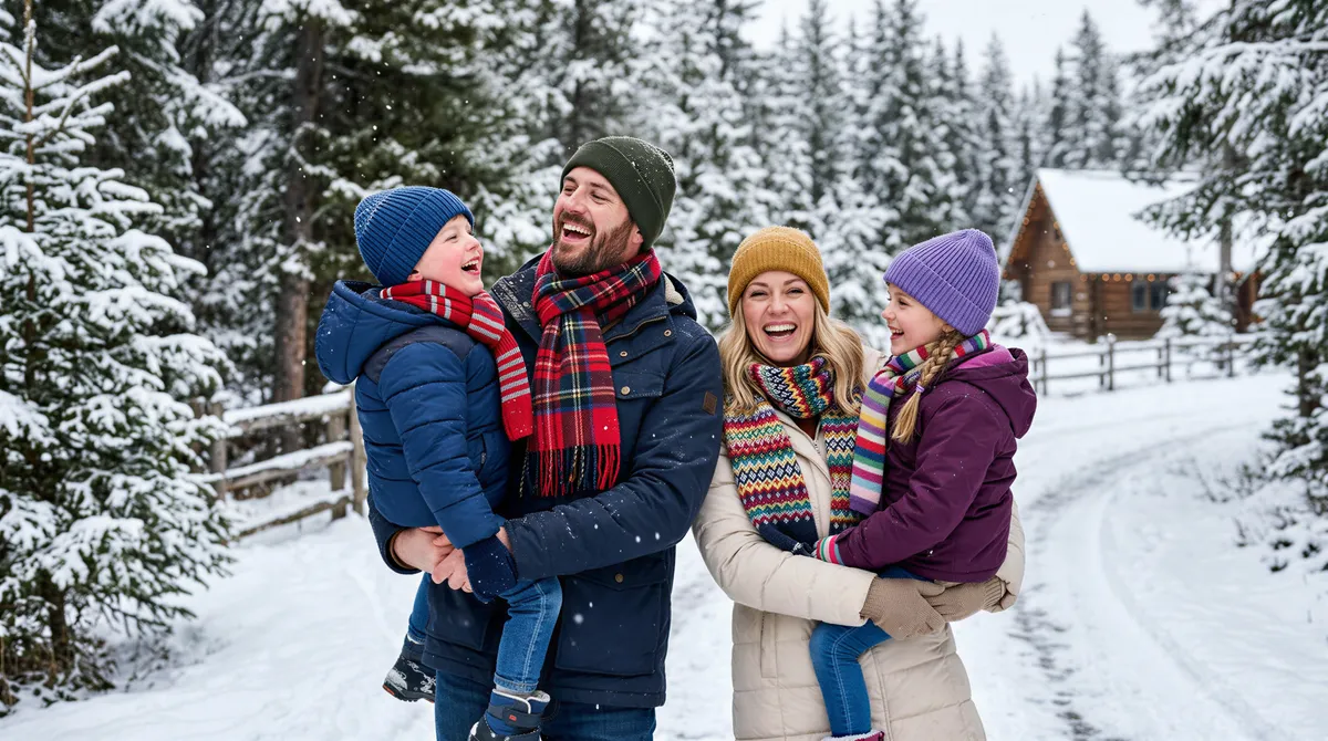 Outdoor winter portrait with scarves and snow