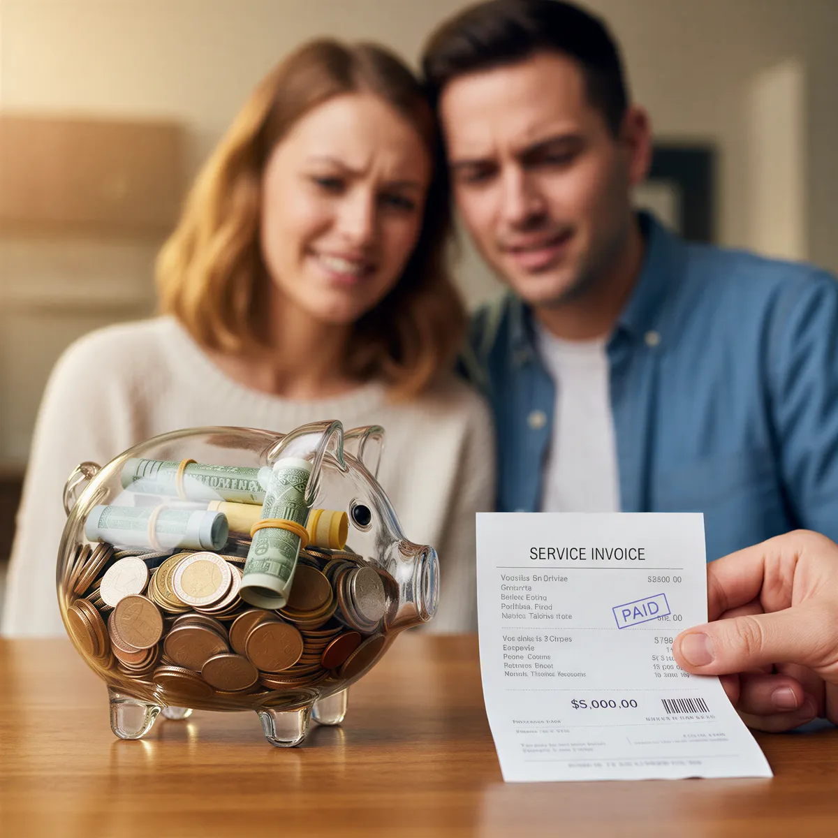 A stylized piggy bank overflowing with coins next to a small, happy couple looking at a single expensive wedding receipt.