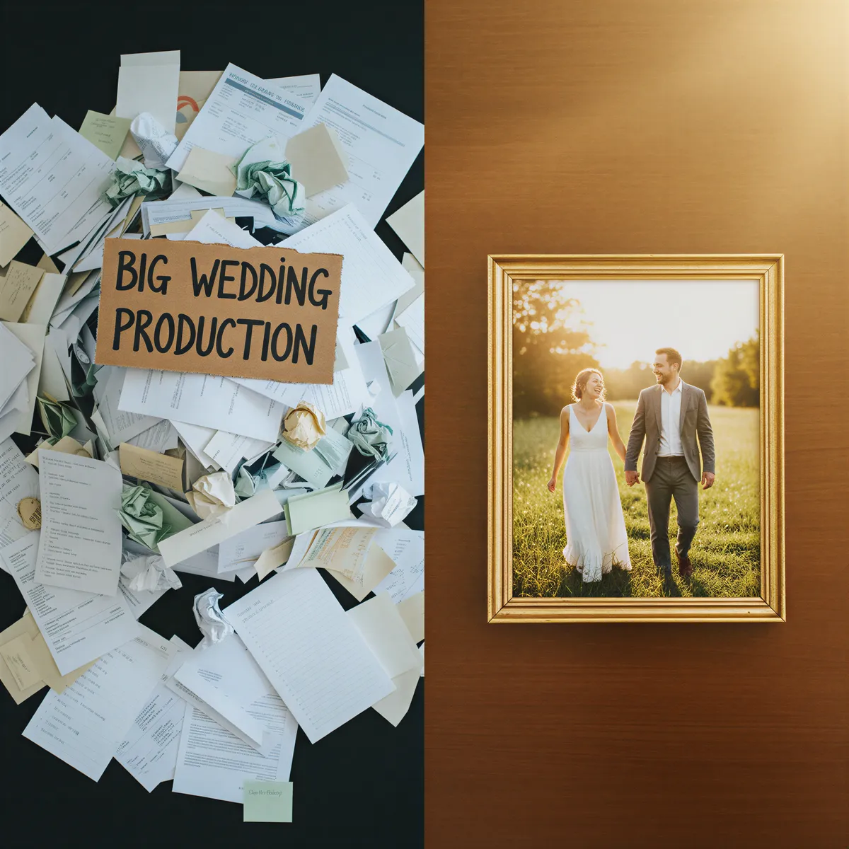 Visual contrast between a messy pile of traditional wedding planning receipts and a single, beautiful, intimate photograph of a happy couple.
