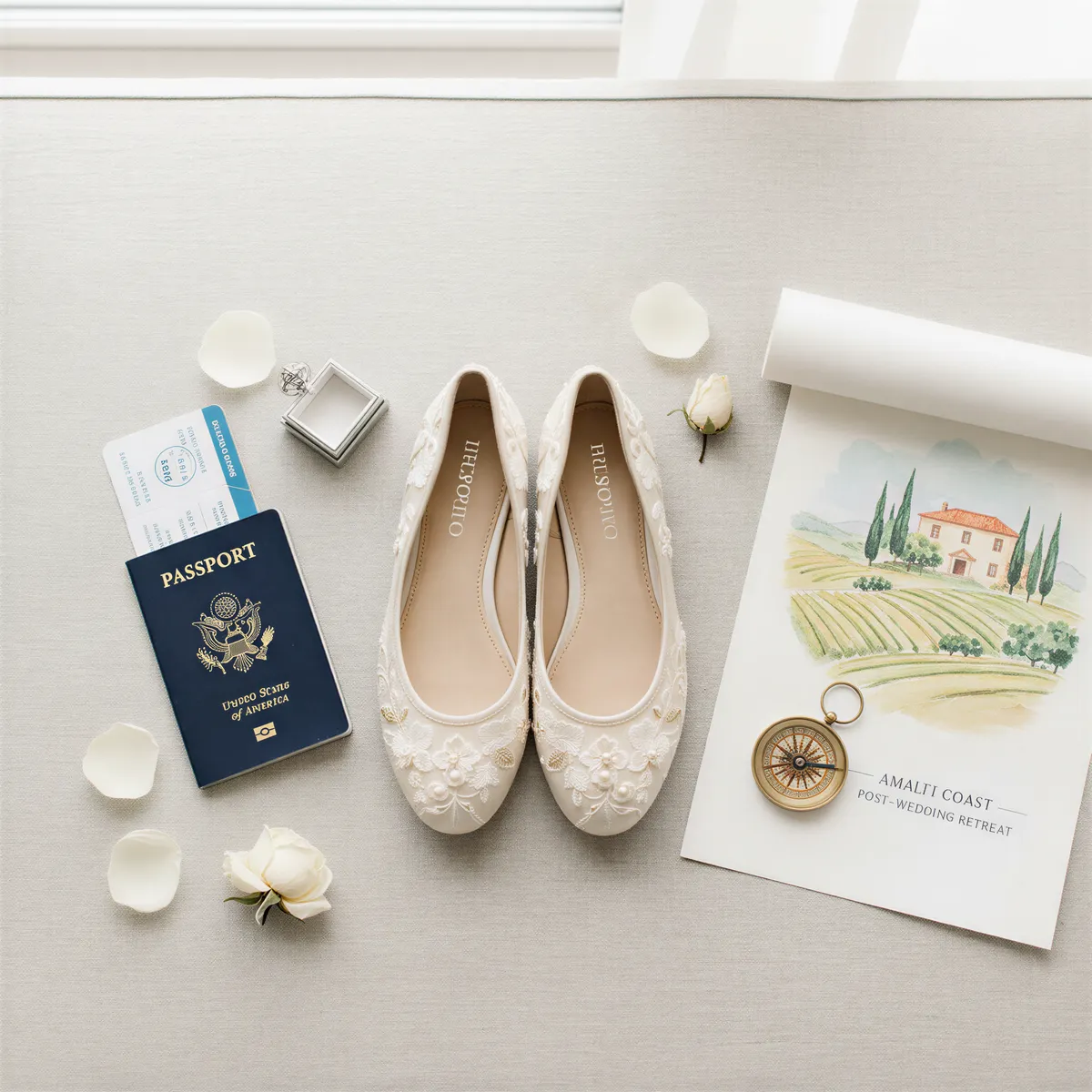 A pair of elegant wedding shoes and a map or travel itinerary laid out on a clean table, suggesting future planning.