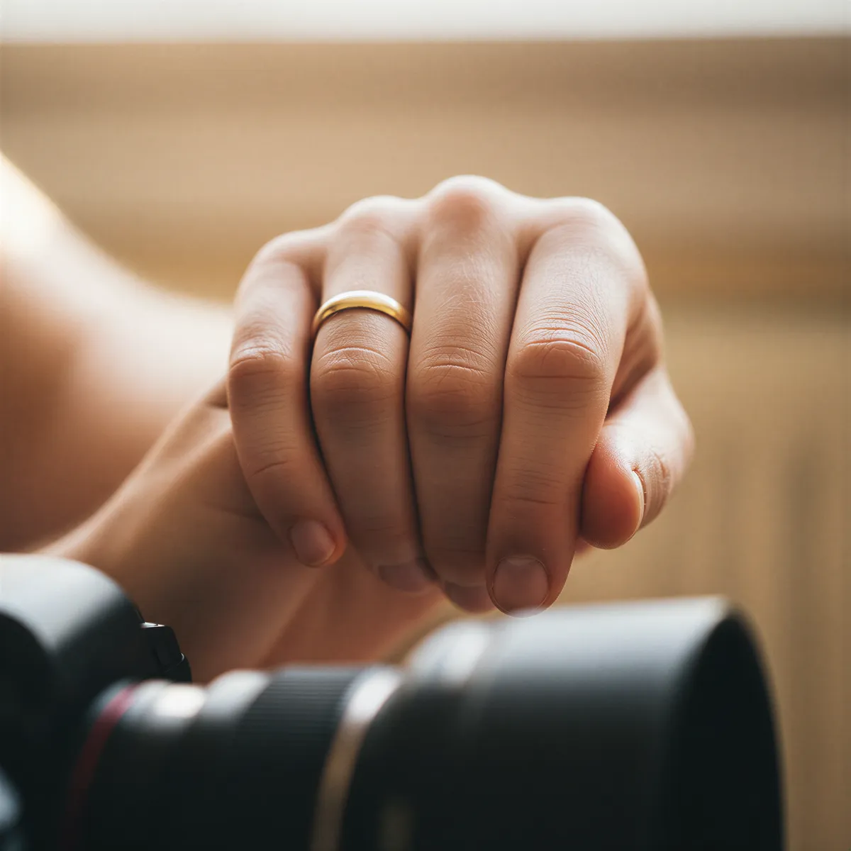 A soft-focus image of a very private moment between a couple, with a slight, almost transparent lens flare indicating an outside presence.