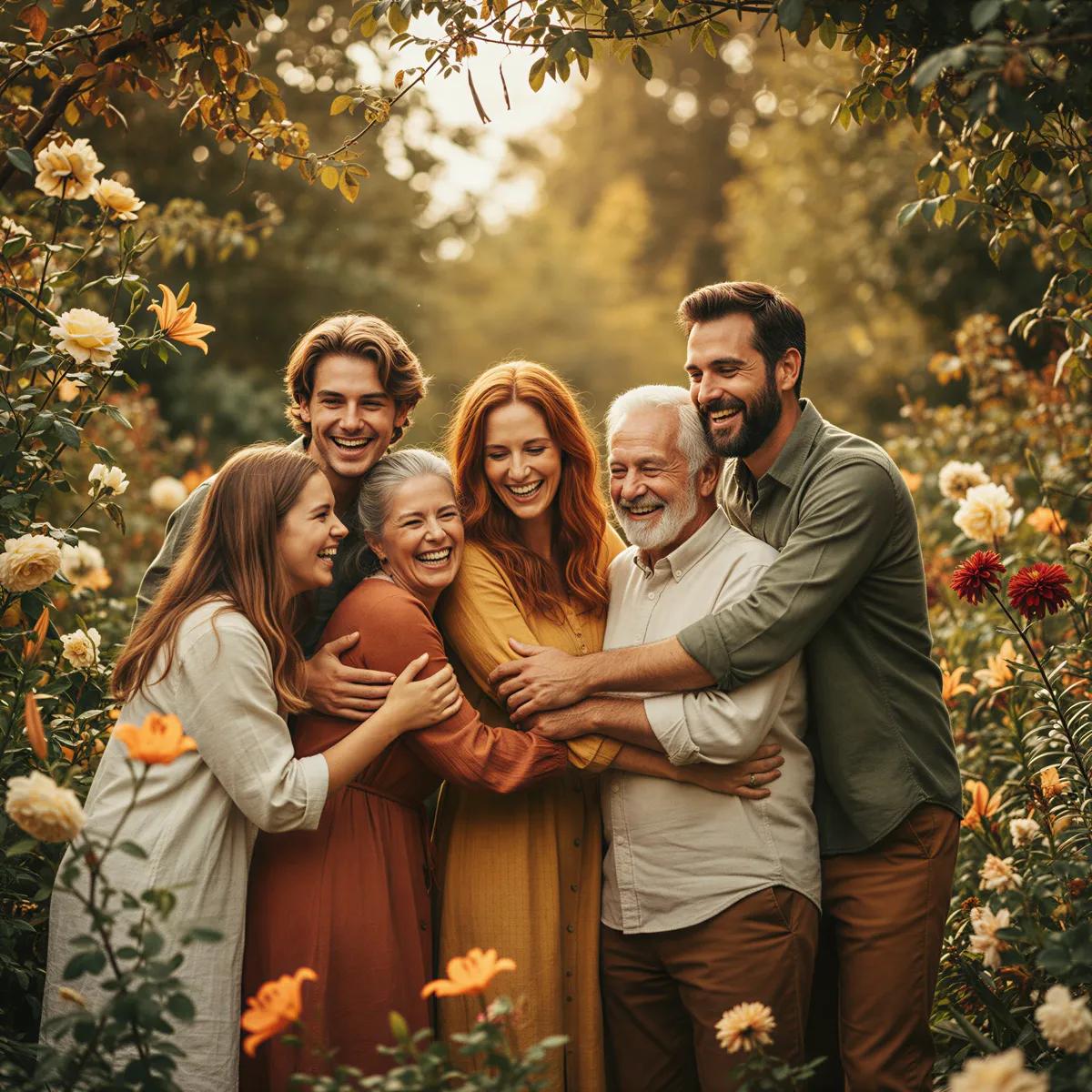 Warm, intimate portrait of a couple surrounded by five close family members sharing a joyful moment in a sun-drenched garden setting.