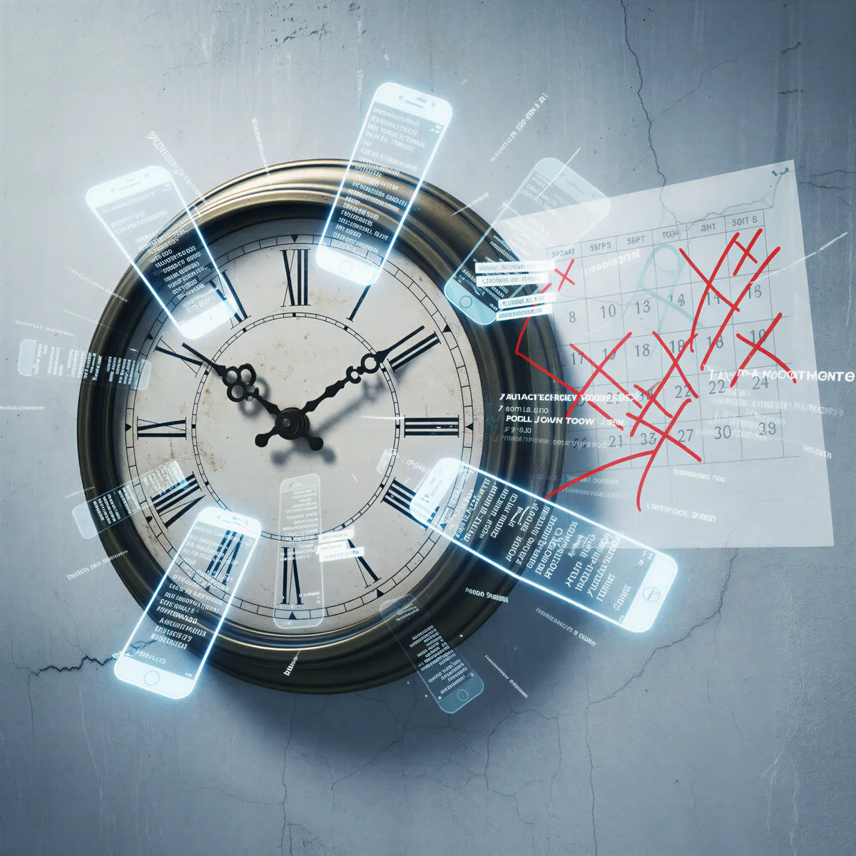 A blurred clock face overlaid with images of quick text message conversations and rapidly crossed-off calendar dates.