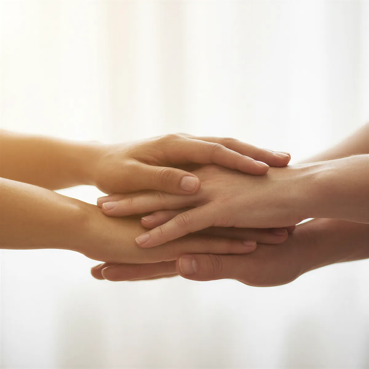 Hyper realistic, symbolic image. Close-up focus on several hands of different skin tones and ages gently overlapping, suggesting community and shared experience. The hands are clean and well-cared for. The background is very soft focus white and cream. Mood is welcoming and non-judgmental. Warm, bright lighting. This visual represents 'Everyone' in the context of the post.