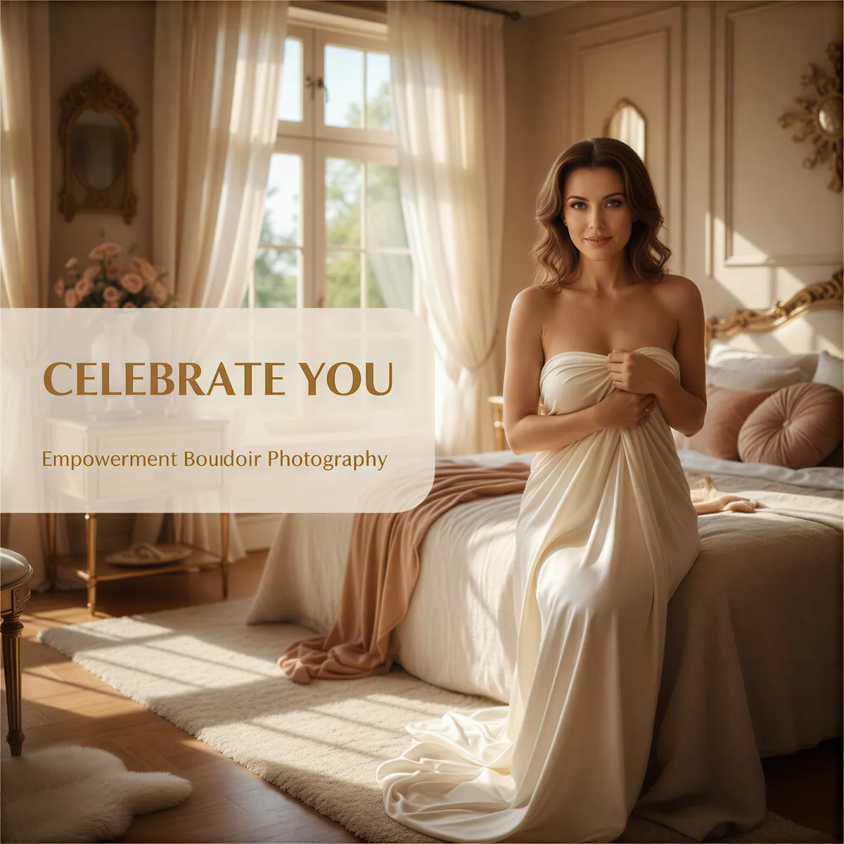 Hyper realistic, photo-realistic banner image. A striking, empowering portrait of a woman in her early 30s, looking directly at the viewer with a confident, serene expression. She is subtly draped in high-quality, creamy white silk fabric. The setting suggests a luxurious, sunlit bedroom with soft shadows and detailed textures. Warm, inviting color palette (creams, golds, soft peach tones). Sharp focus, detailed lighting that highlights contours beautifully. Prominent, elegant text overlay: 'Celebrate You: Empowerment Boudoir Photography'. Cultural context: universally appealing, high-end editorial aesthetic.