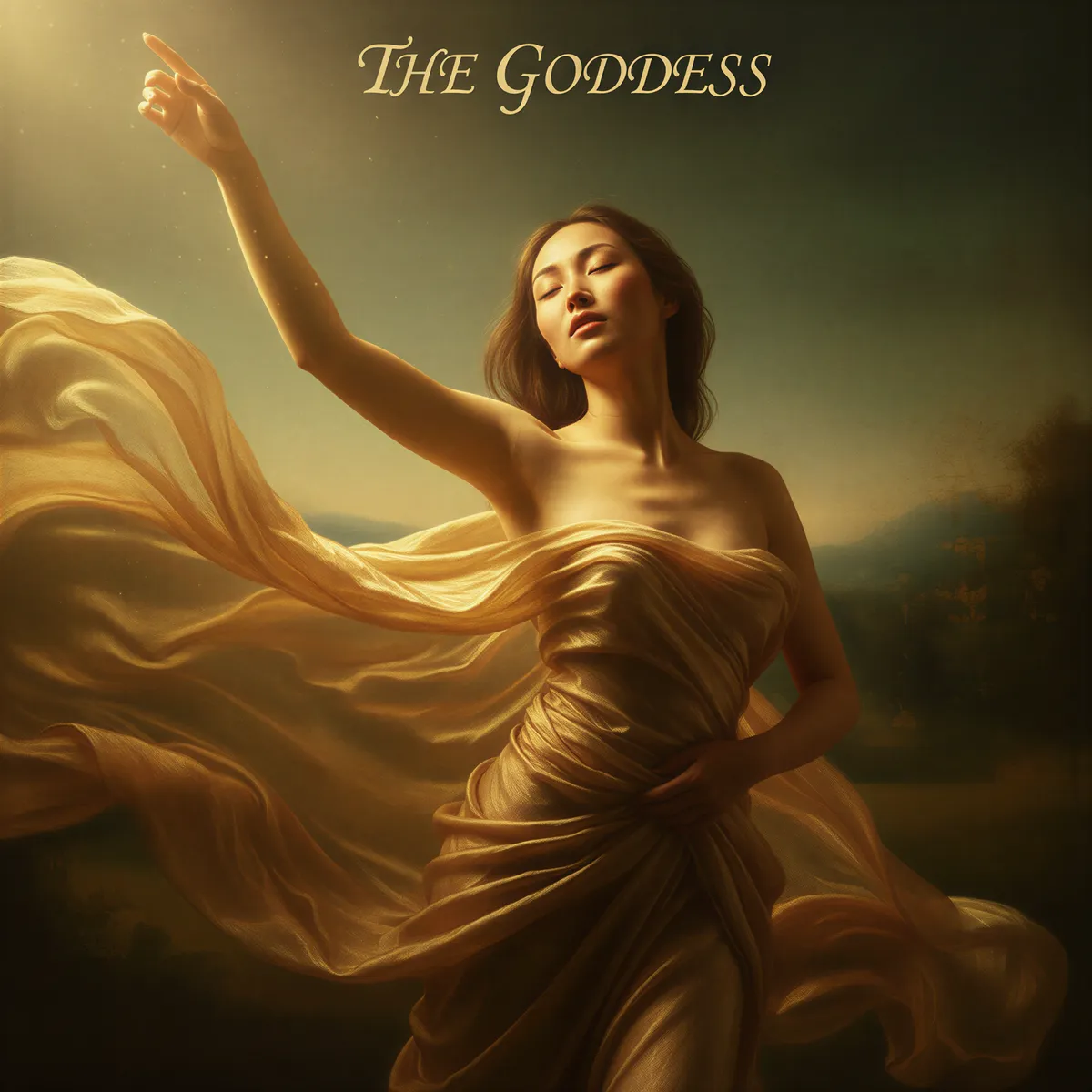 Hyper realistic, photo-realistic portrait. A woman draped elegantly in flowing, sheer silk fabric (golden hue). She is positioned against a deeply blurred background reminiscent of a classical painting (soft greens and browns). Ethereal golden light streams from one side, creating soft highlights and deep shadows. Powerful yet graceful pose. High detail in the fabric texture and skin.