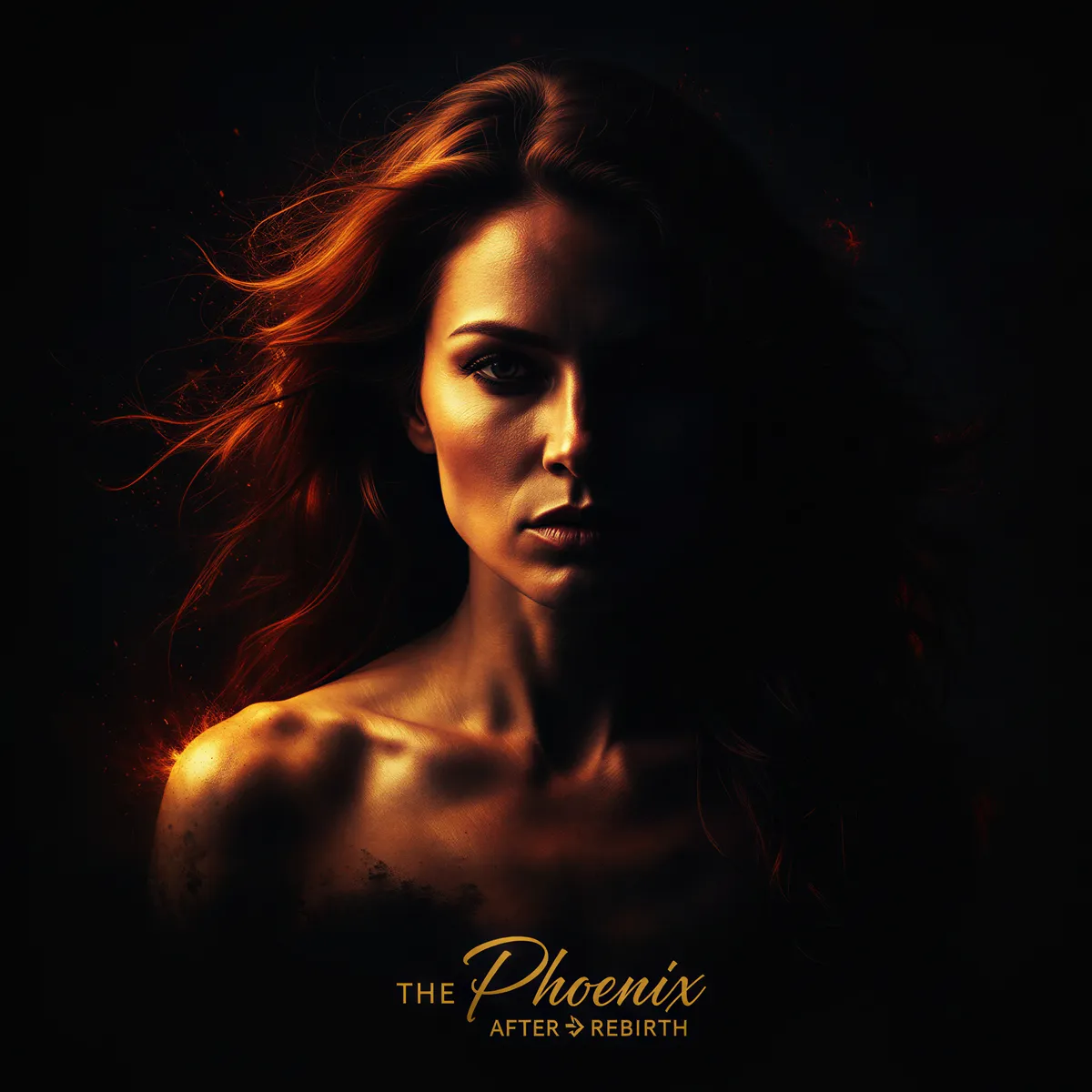 Hyper realistic, cinematic photo-realistic image. Dramatic chiaroscuro lighting. A woman's face and shoulders are brightly lit from the side, while the rest of her form emerges from deep, inky black shadows. Her expression is fierce and determined, hair slightly wind-swept. High contrast, saturated tones emphasizing rebirth.