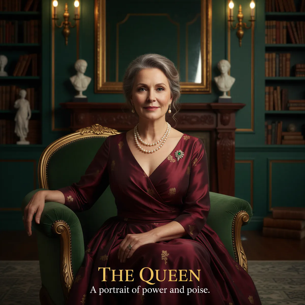 Hyper realistic, photo-realistic portrait. A woman (looking mature and confident) seated elegantly on a dark velvet armchair. The setting includes subtle gold accents and rich textures (old money aesthetic). She maintains direct, knowing eye contact with a subtle, confident smile. Lighting is controlled, highlighting structure and posture. Deep, luxurious color palette (emerald green, gold, deep burgundy).