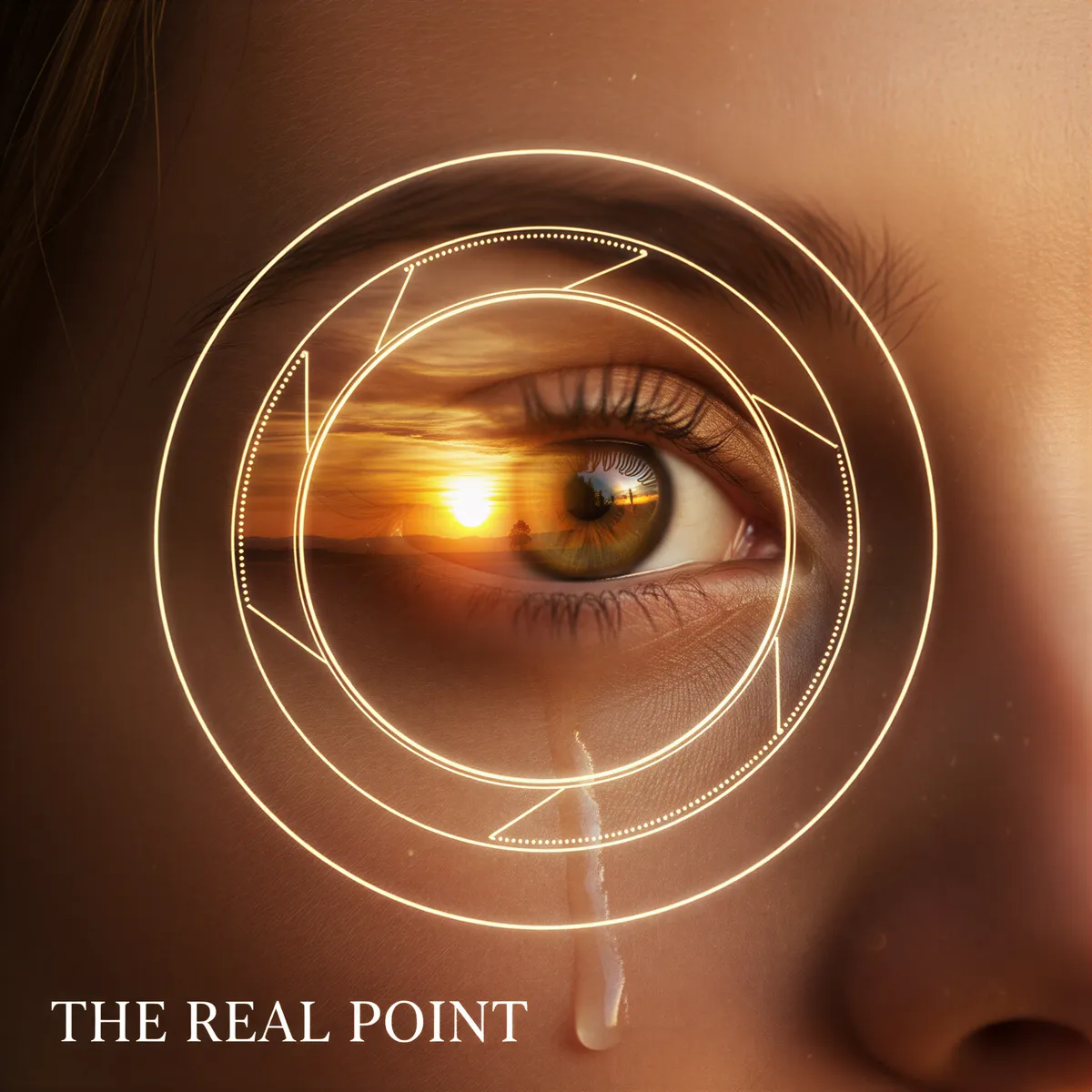 Hyper realistic, photo-realistic, conceptual image. A close-up of a woman's eye, with the reflection showing a vibrant, positive scene (like a sunset). Superimposed over her face is the faint outline of a camera lens focusing sharply. The mood is one of realization and appreciation. Warm, uplifting color palette (oranges, yellows). Sharp focus on the eye and lens distortion.