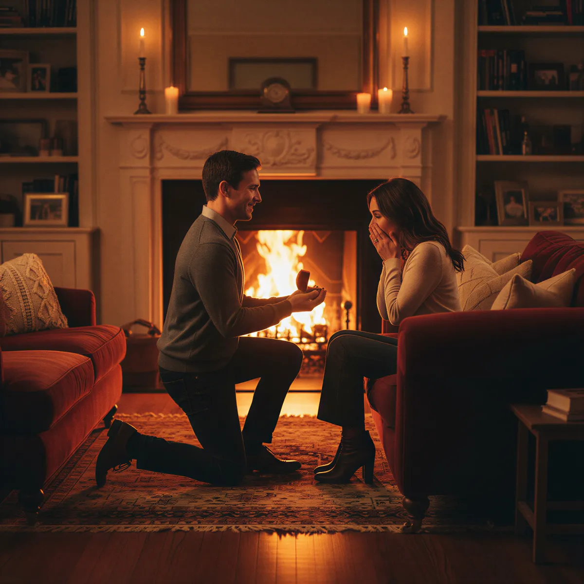 Authentic AI-generated proposal scene in a cozy living room next to a crackling fireplace, showing genuine surprise.