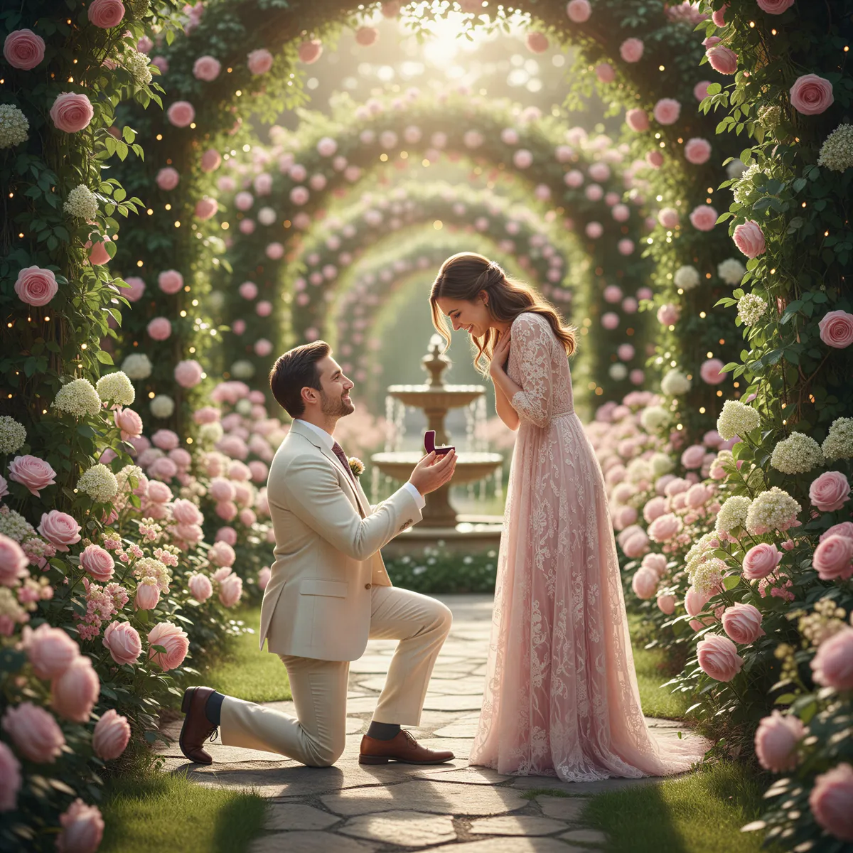 Fairy-tale style AI portrait of an engagement proposal amidst lush, blooming roses with soft, diffused natural light.