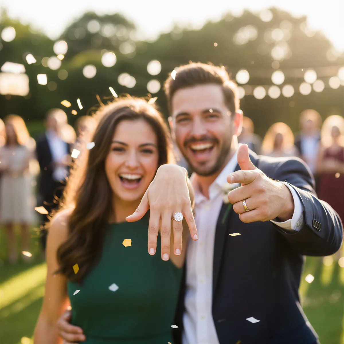 Joyful, energetic portrait of an engaged couple holding up their hands to show off the ring, with celebratory confetti in the air.