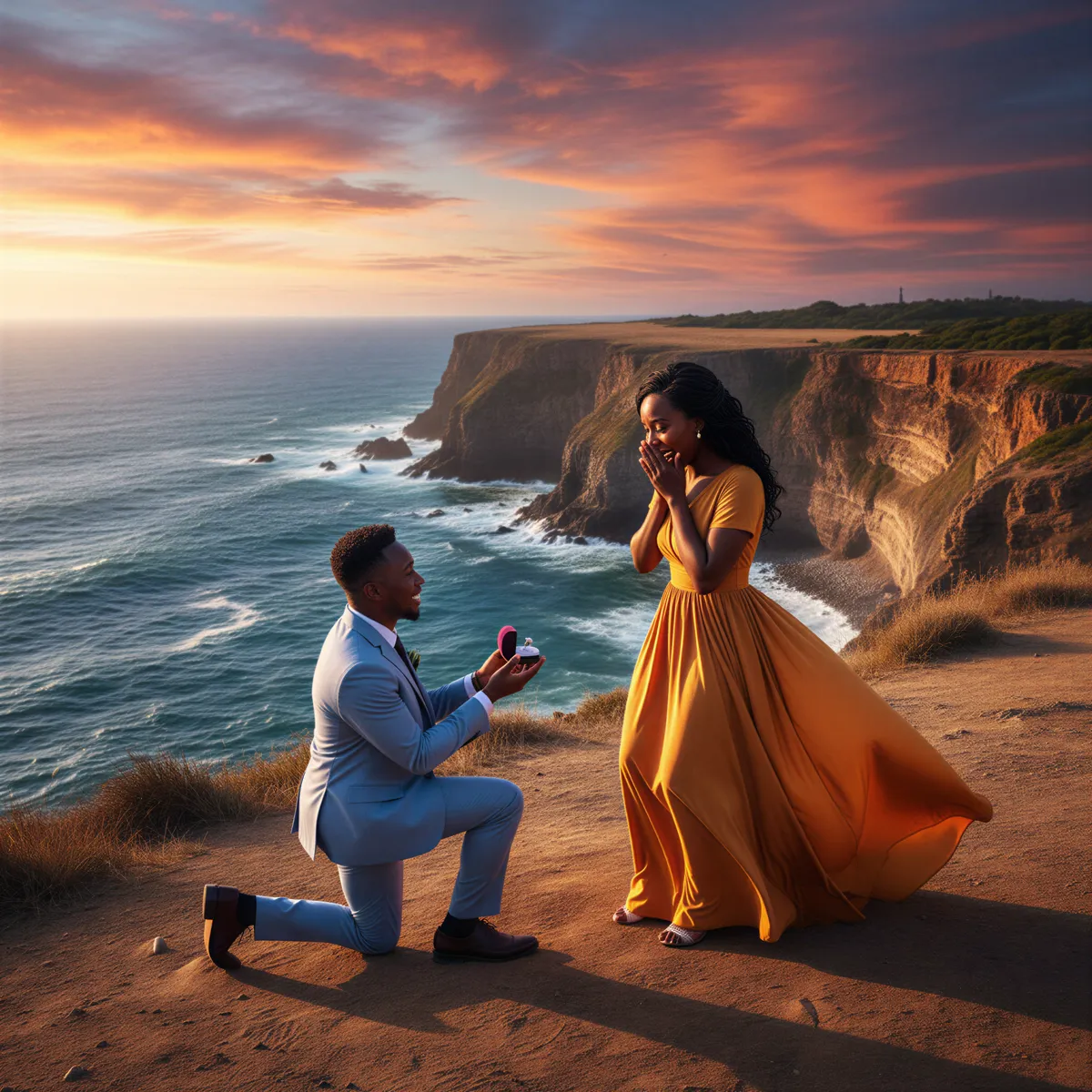 Hyper-realistic AI rendering of a dramatic golden hour proposal on a scenic ocean clifftop, incorporating Kenyan coastal aesthetics.