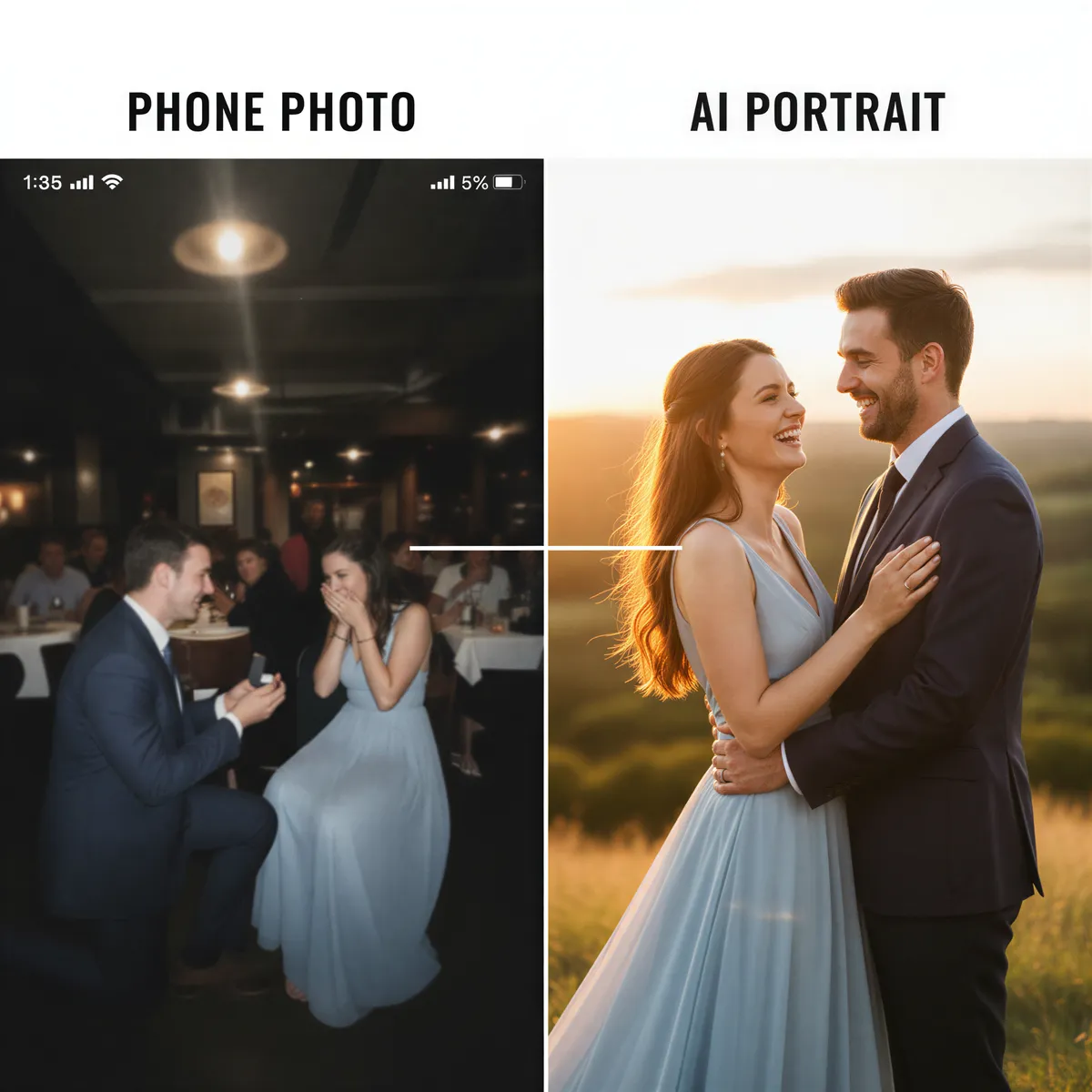 Visual comparison showing a shaky phone screenshot of a proposal next to a perfect AI-generated engagement portrait.