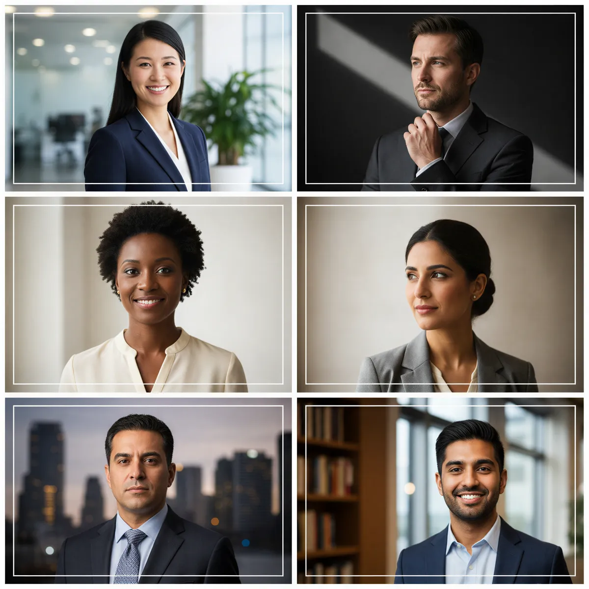 Grid displaying six diverse executive headshots showing different moods and use cases, highlighting versatility.