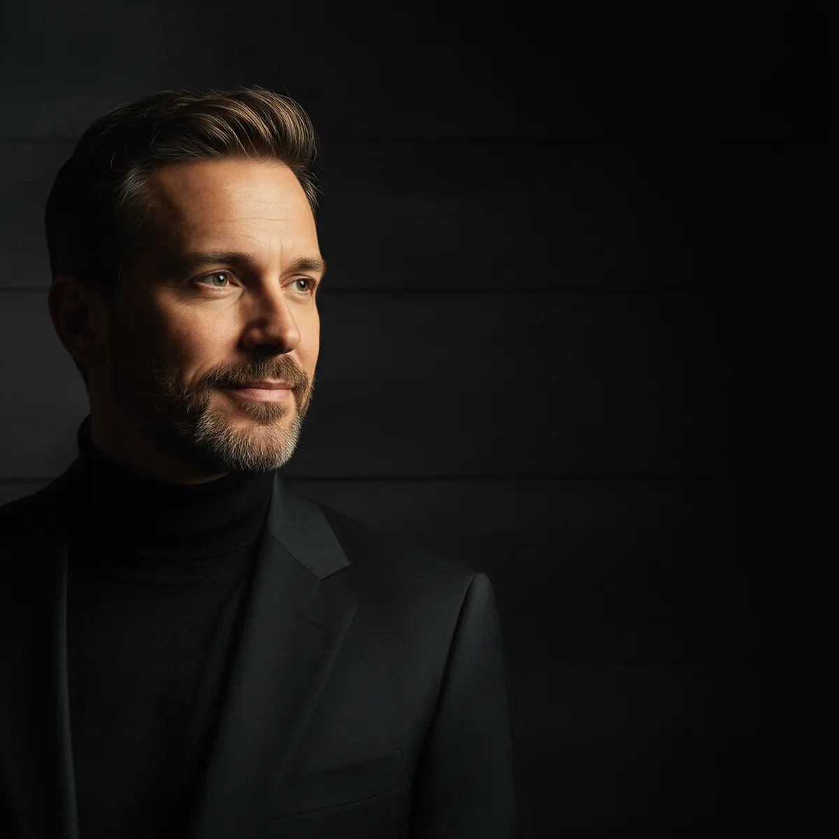 Cinematic, high-contrast executive portrait reflecting the 'Keynote Speaker' aesthetic with dramatic side lighting.