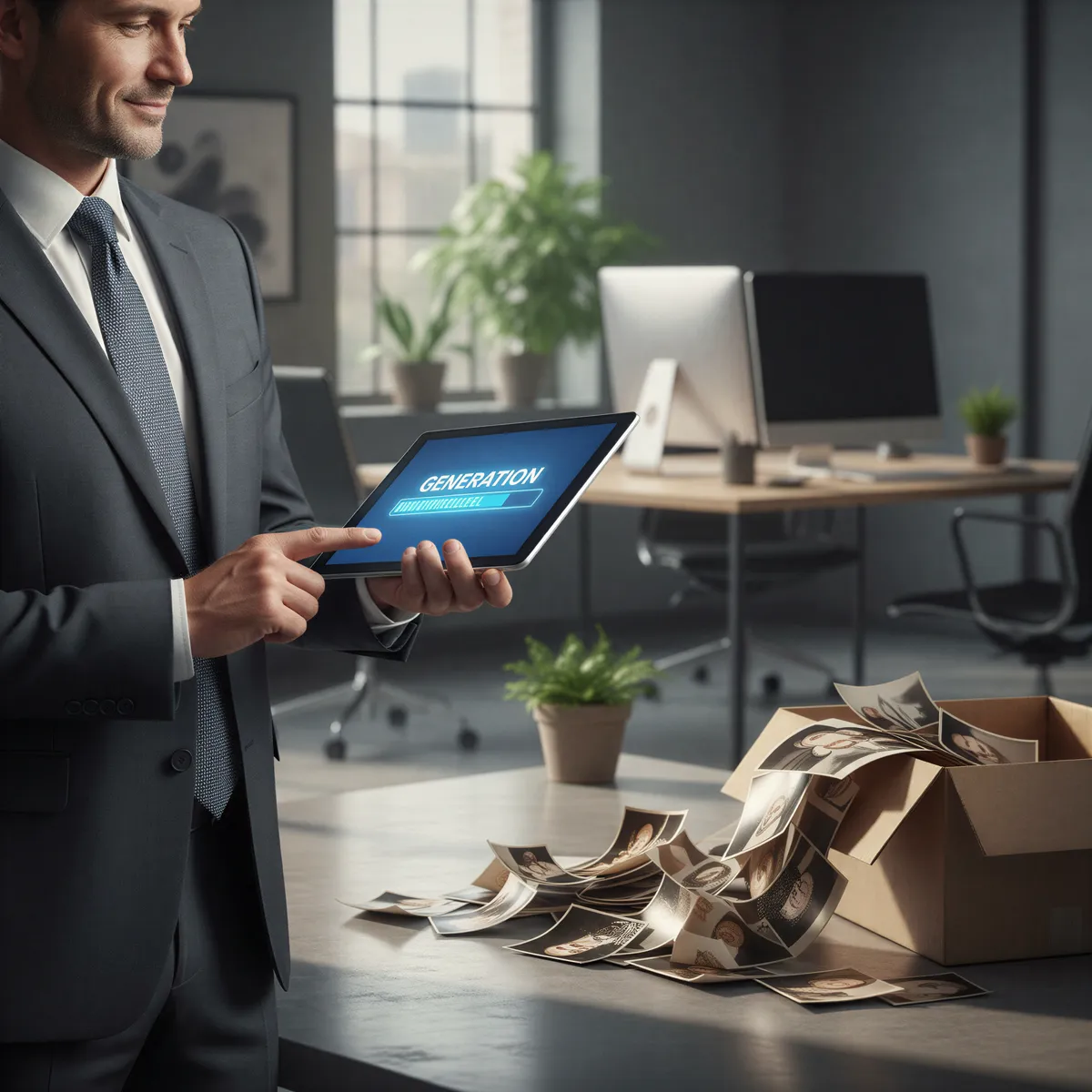 An executive quickly generating multiple AI-powered headshots on a tablet, contrasting the slow traditional method.