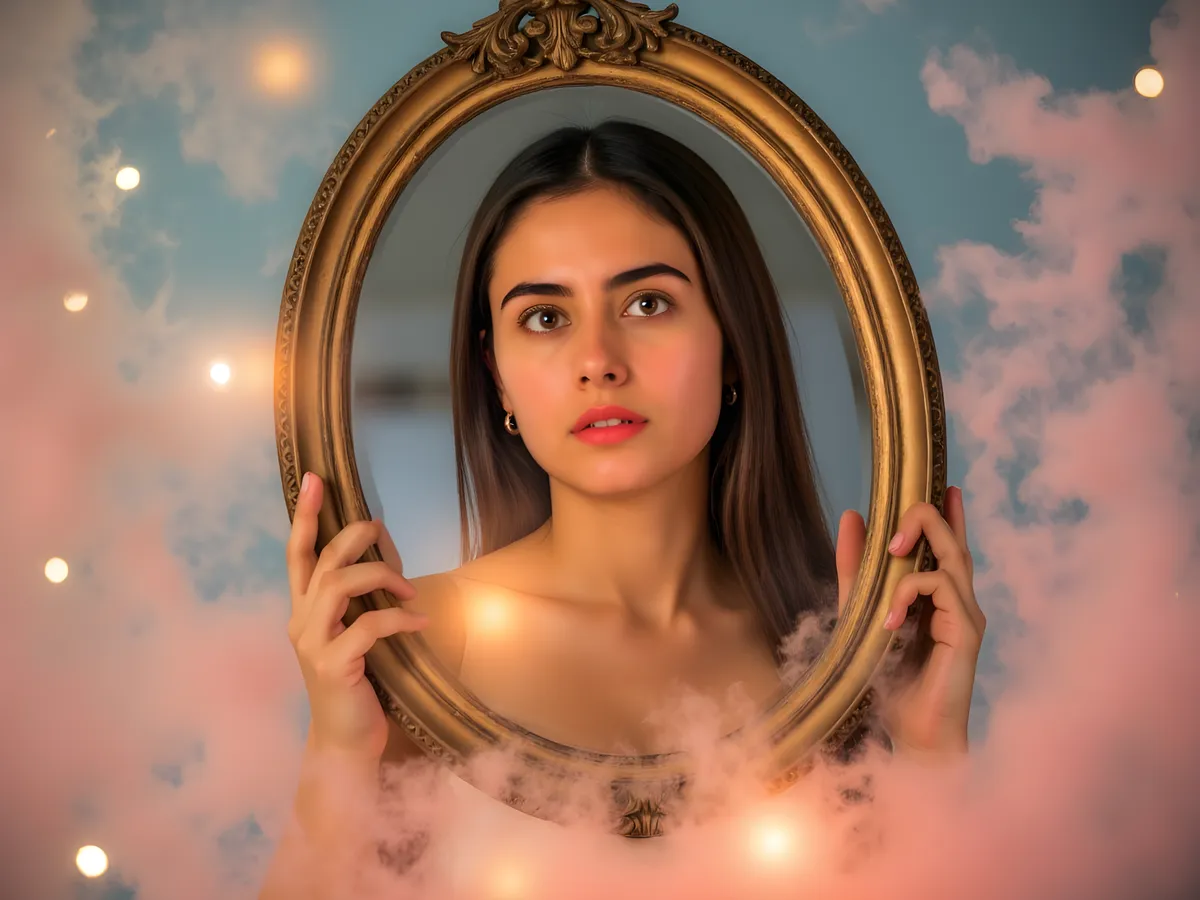 Young woman gazing thoughtfully into a vintage mirror surrounded by soft pink clouds and warm lights.
