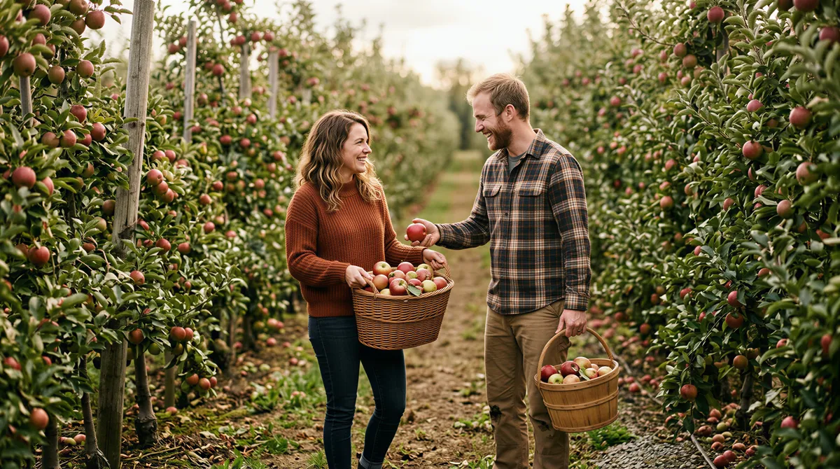Couple with apples in an apple orchard