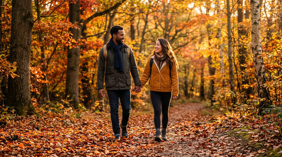 Couple walking hand-in-hand through a forest of autumn leaves
