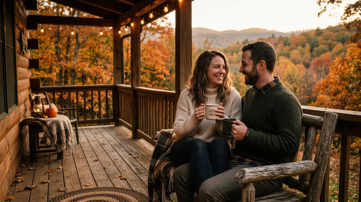 Couple on a cozy cabin porch with mugs and fall scenery
