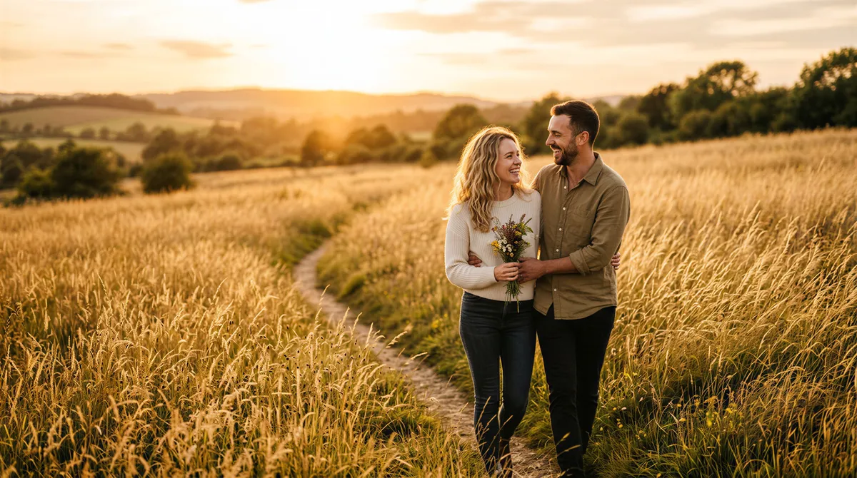 Couple in a golden field during late afternoon